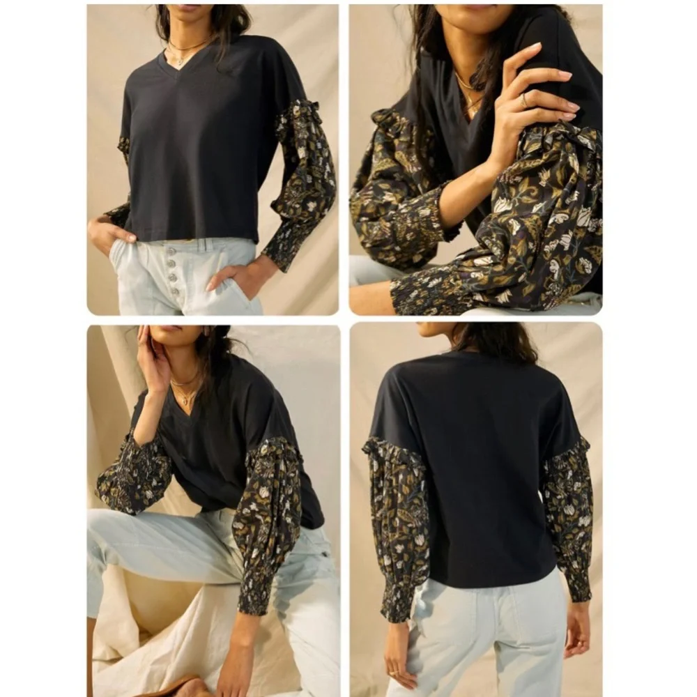 Anthropologie Plus Let Me Be Sydney Long Puff-Sleeved Black Floral Blouse Top 1X - Picture 16 of 16